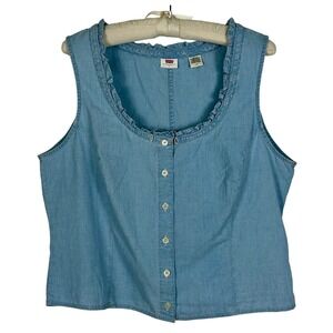 Levi's Chambray Sleeveless Top Ruffle Neck Button Front Tank Blouse Large